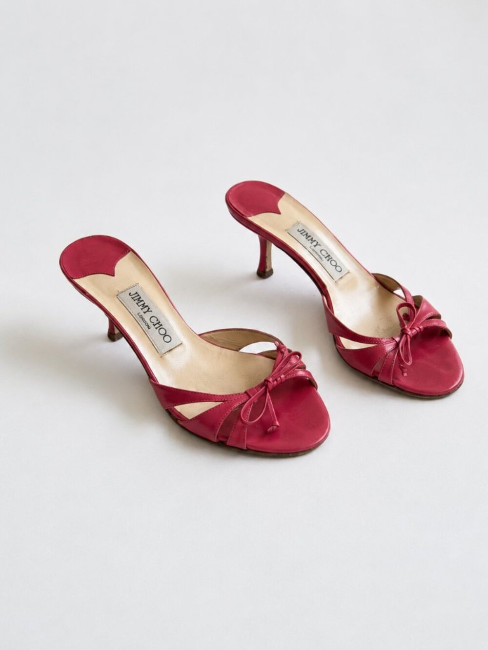 Vintage 2000s Jimmy Choo open toe sandal kitten heel Raspberry Pink Leather Bow - Picture 3 of 8